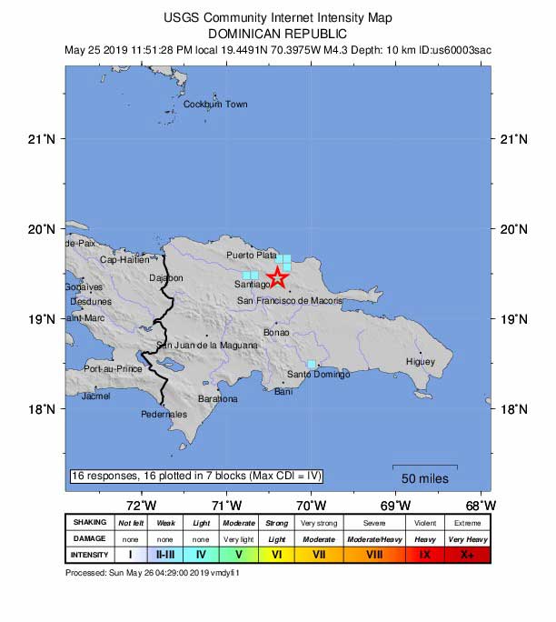 Un sismo de magnitud 4.3 grados se registró al filo de la medianoche de este sábado cuyo epicentro fue a 5 kilómetros al noroeste de la comunidad Salsipuedes, de la provincia Espaillat.