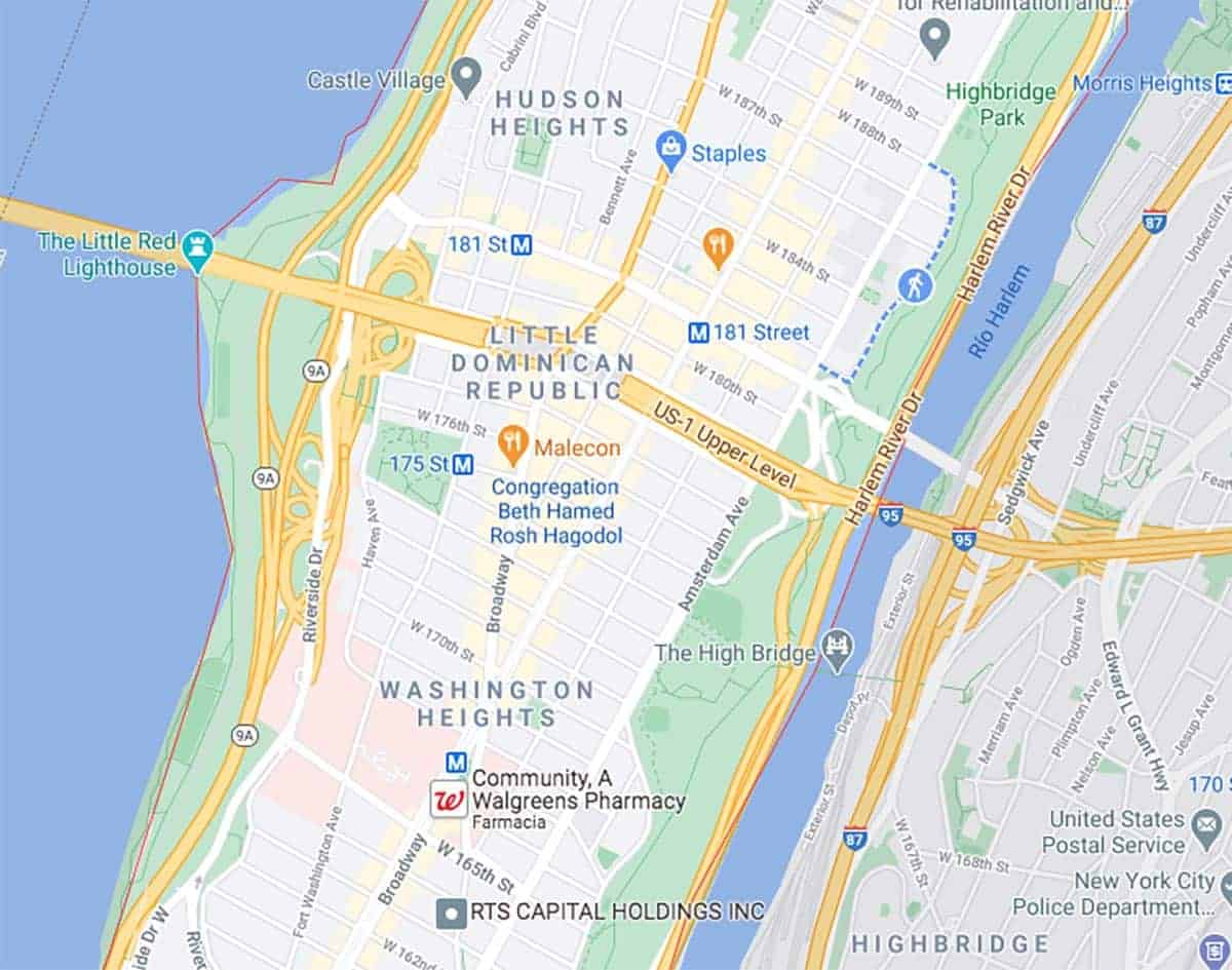 mapa de google identifica alto manhattan como pequeña rd