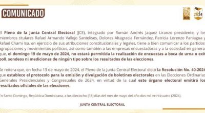 JCE prohíbe encuestas a boca de urna el día de las elecciones