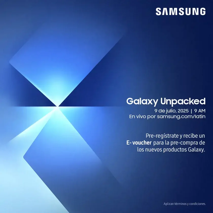Logotipo de Galaxy Unpacked 2025 con diseño futurista y una silueta de smartphone, rodeado de elementos abstractos que representan la inteligencia artificial.