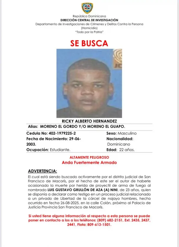 Buscan a “Moreno el Guapo” por asesinar a testigo clave en San Francisco de Macorís Buscan a “Moreno el Guapo” por asesinar a testigo clave en San Francisco de Macorís
