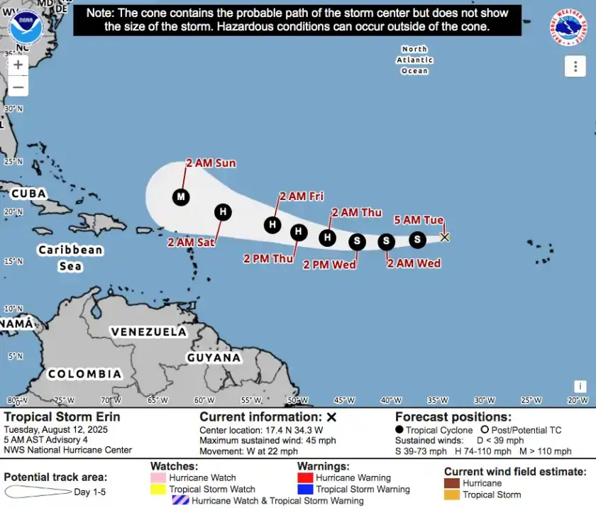 Tormenta tropical Erin se fortalece en el Atlántico y podría convertirse en huracán esta semana Tormenta tropical Erin