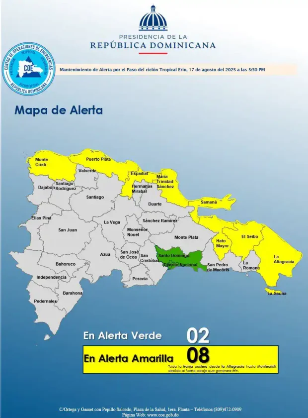 COE mantiene 8 provincias en alerta amarilla y Santo Domingo y DN en verde COE mantiene 8 provincias en alerta amarilla y Santo Domingo y DN en verde