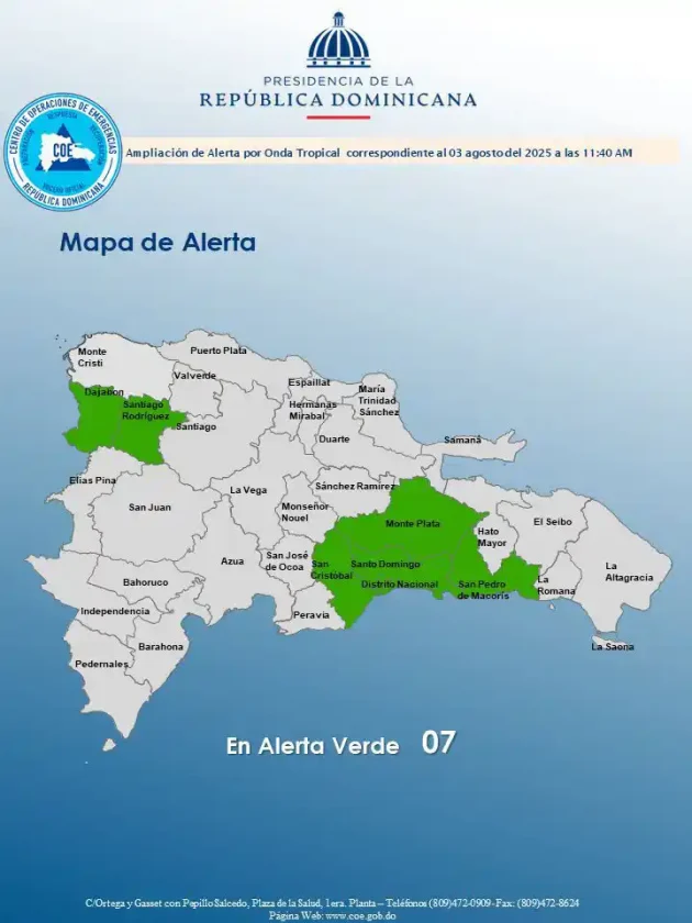 COE emite alerta verde por lluvias intensas y posibles inundaciones en 7 provincias de RD COE emite alerta verde por lluvias intensas y posibles inundaciones en 7 provincias de RD