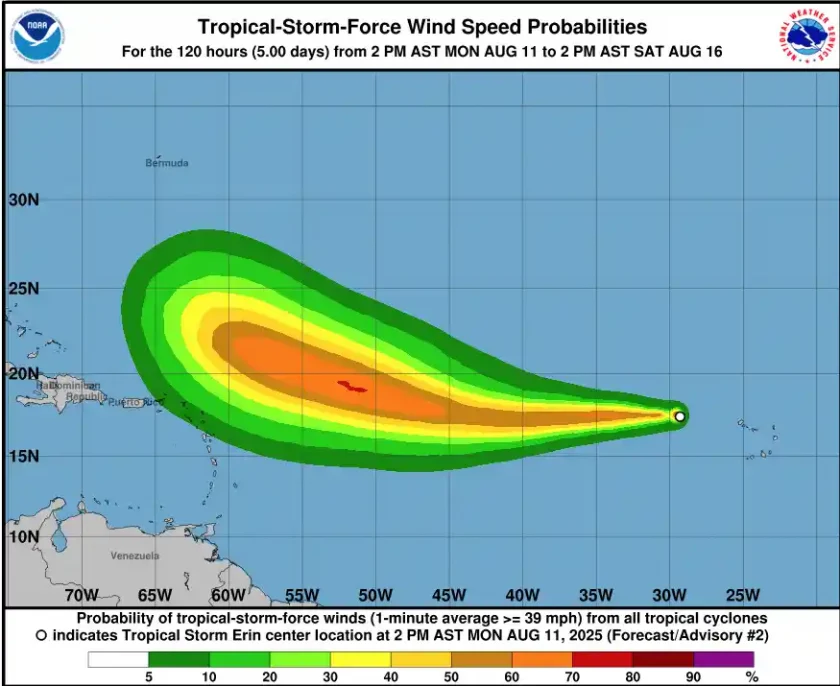 Tormenta tropical Erin podría convertirse en huracán a finales de esta semana en el Atlántico tropical central