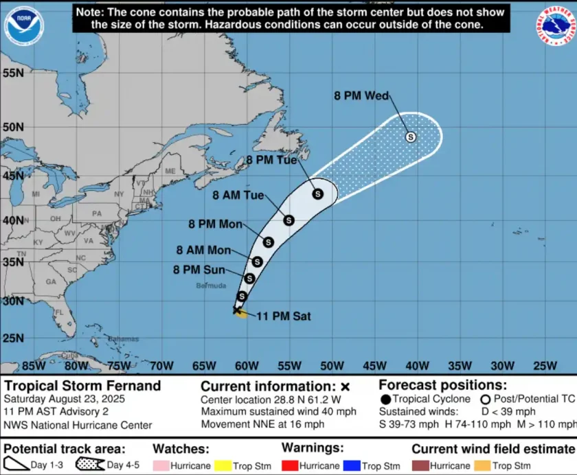 Tormenta tropical Fernand avanza al NNE, lejos de Bermudas Tormenta tropical Fernand avanza al NNE, lejos de Bermudas