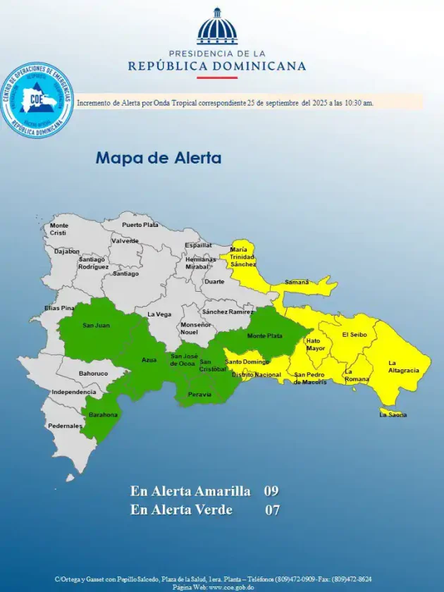 Alerta por lluvias en RD: 9 provincias en amarilla y 7 en verde por onda tropical y vaguada Alerta por lluvias en RD: 9 provincias en amarilla y 7 en verde por onda tropical