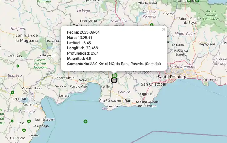 Sismo de magnitud 4.6 sacude Baní la mañana del 4 de septiembre Sismo de magnitud 4.6 sacude Baní la mañana del 4 de septiembre