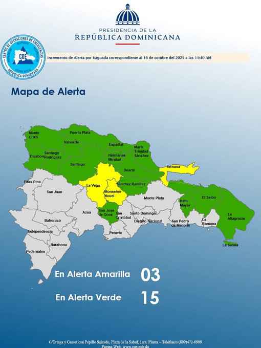 COE coloca 3 provincias en alerta amarilla y 15 en verde por lluvias