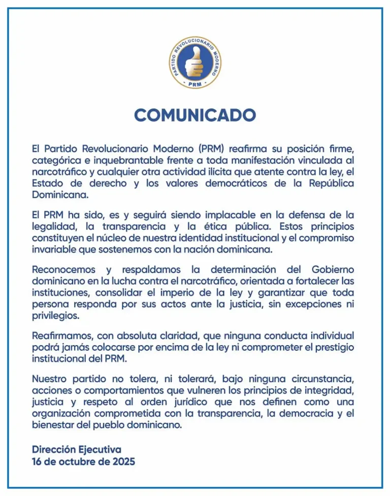 PRM reafirma su compromiso con la legalidad y la transparencia en RD comunicado Defensa de la legalidad y transparencia.PRM
