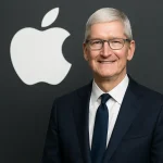 tim cook con traje frente a logo de apple