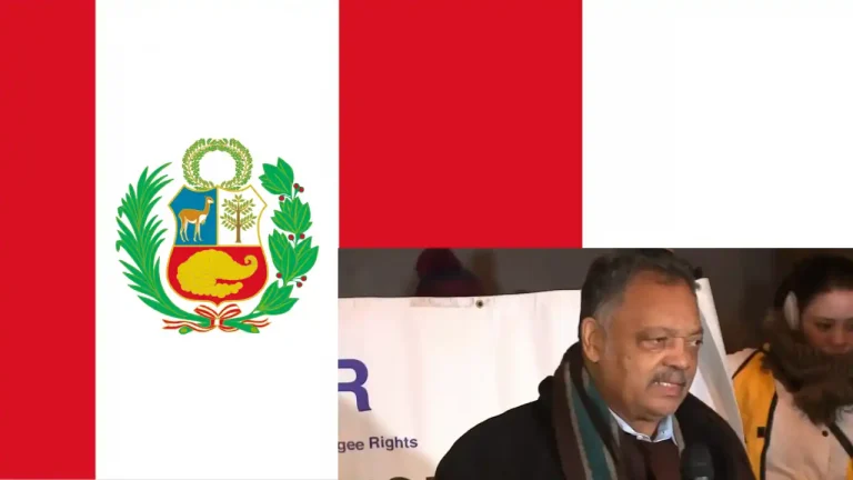 Bandera de Perú y retrato de Jesse Jackson.