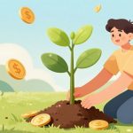 Árbol de dinero creciendo con monedas doradas.