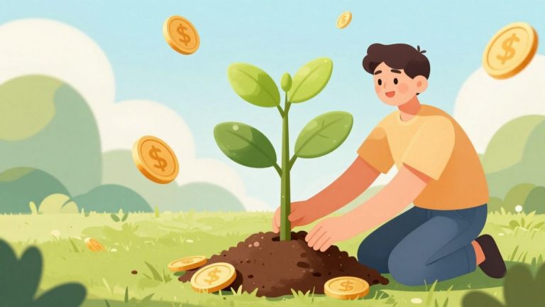 Árbol de dinero creciendo con monedas doradas.