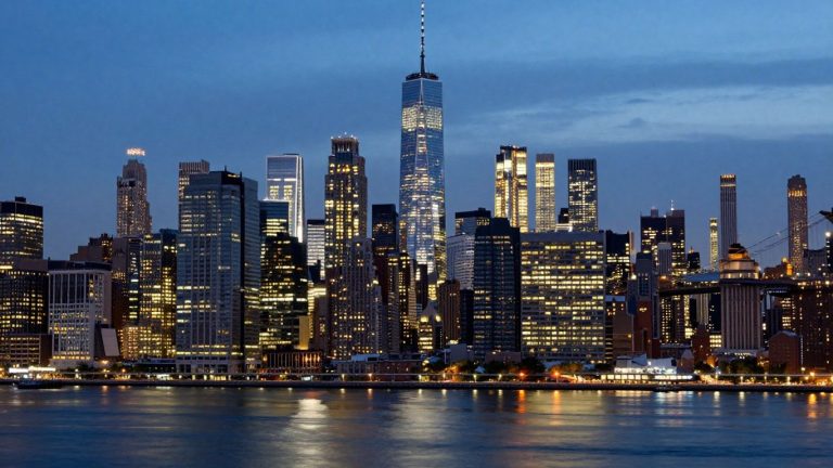 Skyline de Nueva York al atardecer con rascacielos y reflejos.