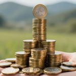 Monedas doradas apiladas construyendo una torre de riqueza.