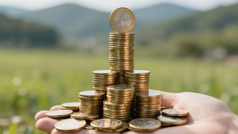 Monedas doradas apiladas construyendo una torre de riqueza.