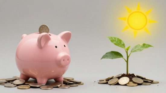 Monedas y planta creciendo, simbolizando ahorro e inversión.