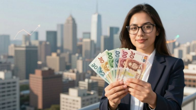 Inversor exitoso con dinero y ciudad financiera.