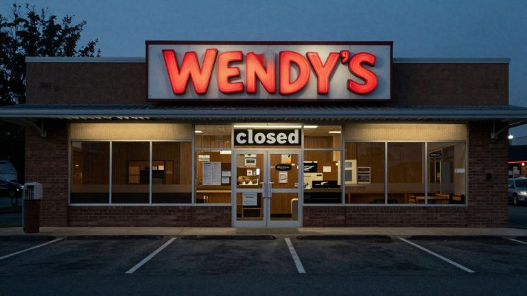 Restaurante Wendy's cerrado, vacío, con luces tenues.