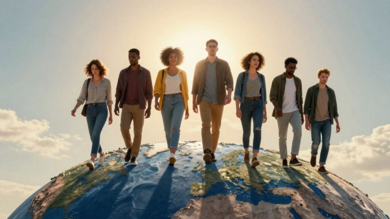 Personas diversas caminando juntas por el mundo.