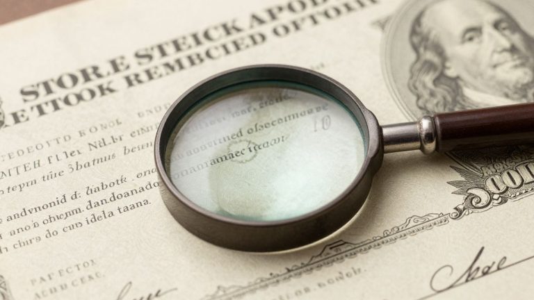 Certificado de acciones antiguo con lupa enfocando detalles.