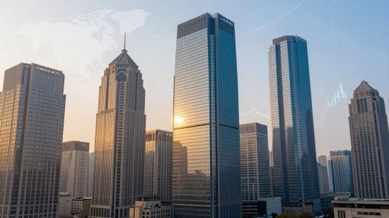 Edificios de bolsas de valores globales al amanecer.