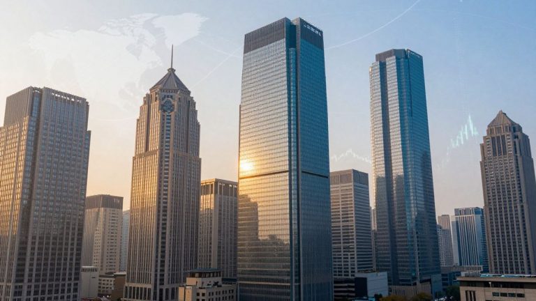 Edificios de bolsas de valores globales al amanecer.