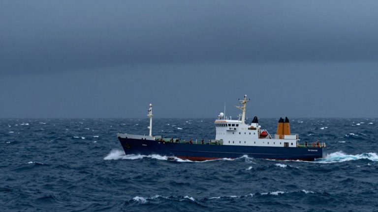 Barco navegando aguas turbulentas bajo cielo tormentoso.