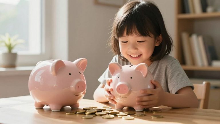Persona joven con alcancía mirando hacia el futuro