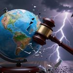 Martillo golpeando globo terráqueo roto.