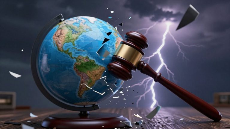 Martillo golpeando globo terráqueo roto.