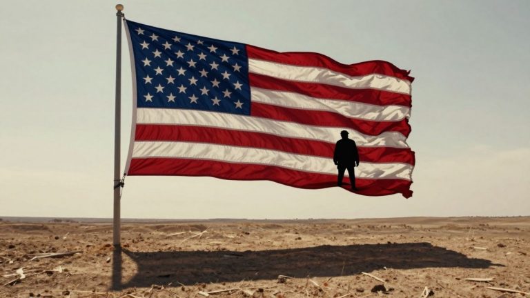 Bandera estadounidense rota con sombra de Trump.