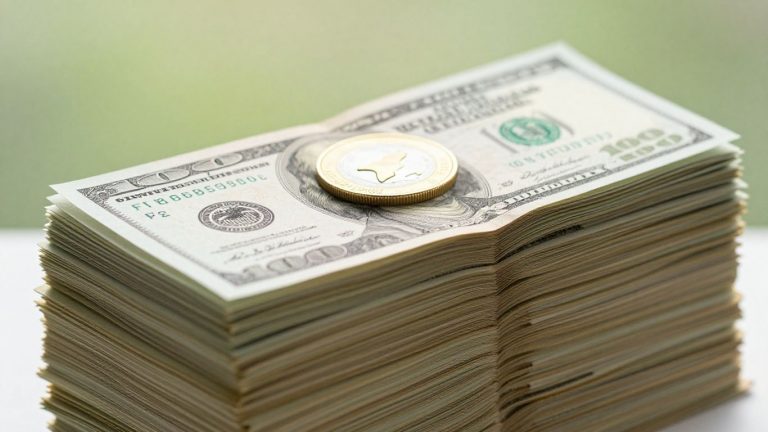 Monedas y billetes apilados, símbolo de inversión y ganancias.