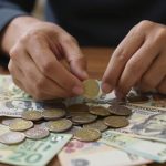 Monedas y billetes con persona pensando en inversión.