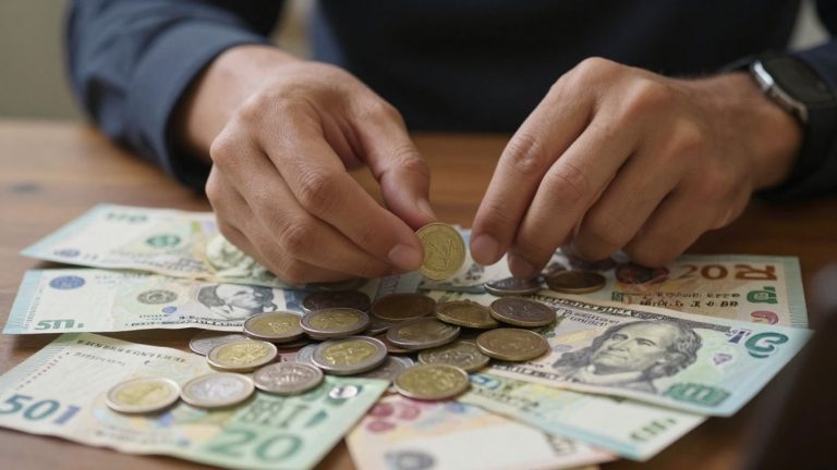 Monedas y billetes con persona pensando en inversión.