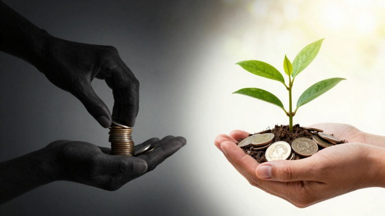 Monedas creciendo y siendo devoradas por comisiones.