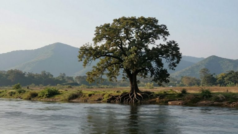 Paisaje sereno con río y montaña estable.