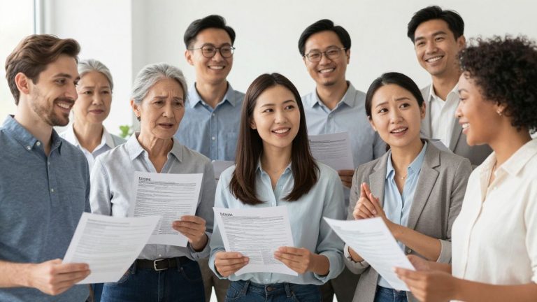Personas sonriendo con formularios de impuestos.