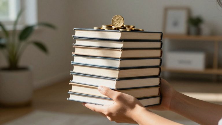 Joven con libros y monedas, símbolo de inversión.