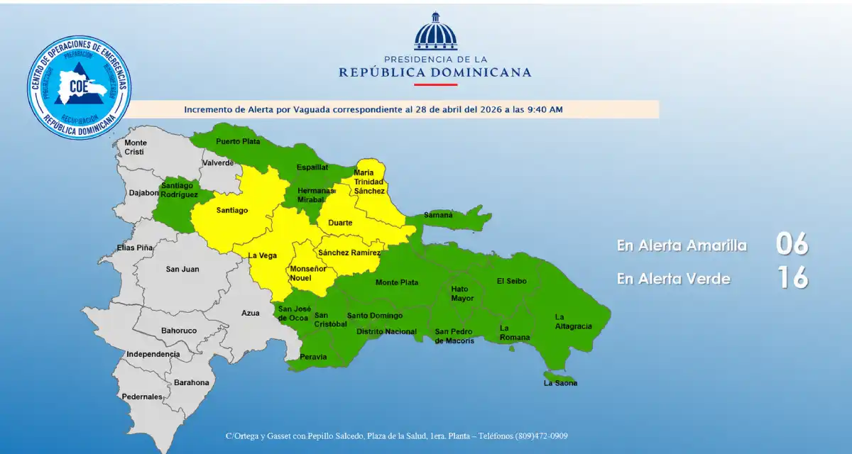 Mapa de alertas amarilla y verde del COE por vaguada en República Dominicana