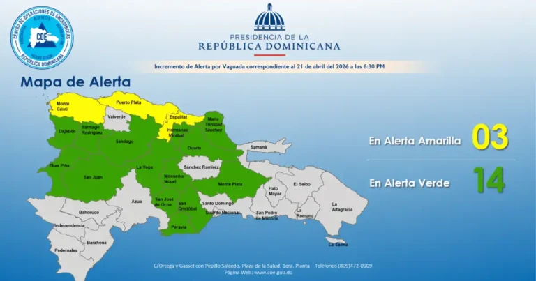 Mapa de alertas del COE por vaguada pre-frontal en República Dominicana, 21 de abril 2026