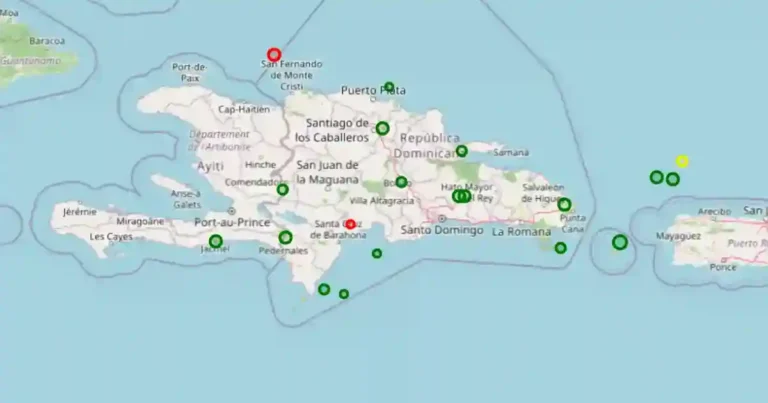 Mapa sismológico con los epicentros de los sismos leves registrados en República Dominicana el 10 de mayo de 2026