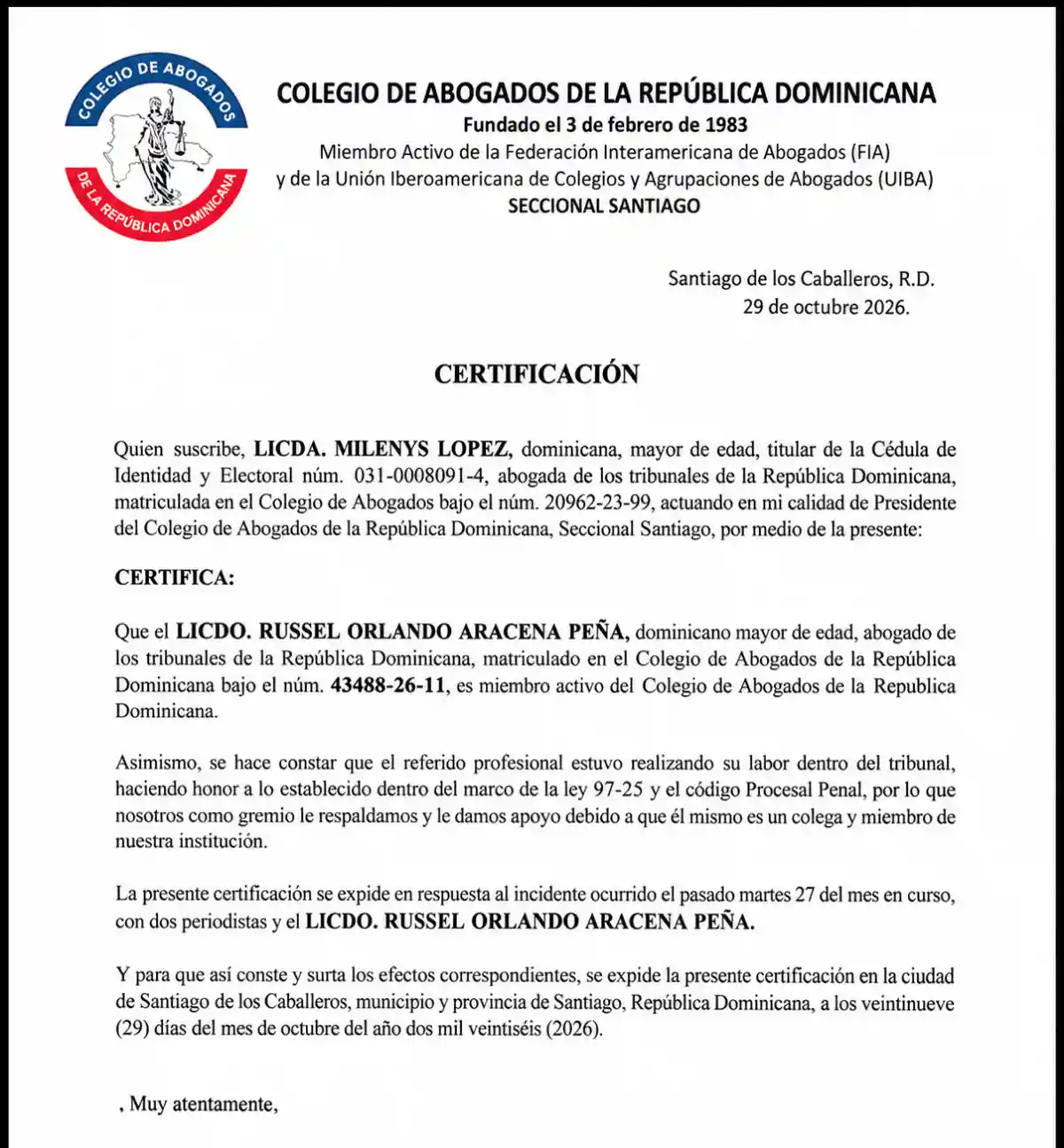 Colegio de Abogados respalda a jurista cuestionado por CDP Colegio de Abogados respalda a jurista cuestionado por CDP